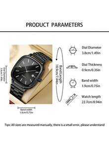 4PCS Minimalist Casual Men's Quartz Watch Set, Business Light Luxury Men's Watch Set (Including A Black Strap Watch With A Black Square Dial, Black Textured Leather Wallet, Metallic Ballpoint Pen, And Leather Keychain), Featuring A Cool Black Theme. - Black - View 3