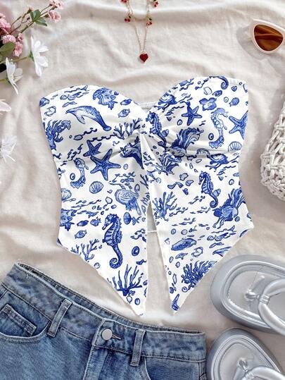 Vestido de playa sin espalda con estampado floral, elementos aleatorios de plantas y estrellas de mar, y lazo retorcido en el cuello para mujer