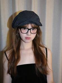 [Spring/Summer] Retro Striped Sun Hat With Japanese Literary Style, Octagonal Hat For Women, Newsboy Hat/Painter Beret With A Unique Design - Black - View 1