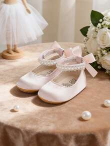 Newborn Baby Girls' Mary Jane Flats, Bow Decor, Non-Slip Soft Bottom PU Leather Infant Toddler Shoes, Pearl Ribbon - Baby Pink - View 11