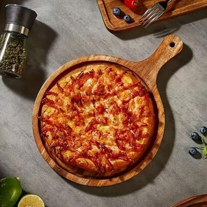 天然相思木带把手托盘 - 木质餐盘，可作早餐盘、披萨盘、甜点盘、咖啡桌托盘，独特的纹理，温暖的天然木色，适合多种风格。适用于日常使用、聚会、生日派对等场合。防溢设计，耐热且易于清洁。适用于厨房、餐厅、户外、露台等场所。