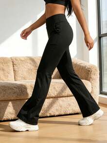 女士高腰喇叭瑜伽裤，柔软弹力阔腿裤，适合健身、跑步、骑行、瑜伽、休闲穿着 - 黑色 - 查看 4