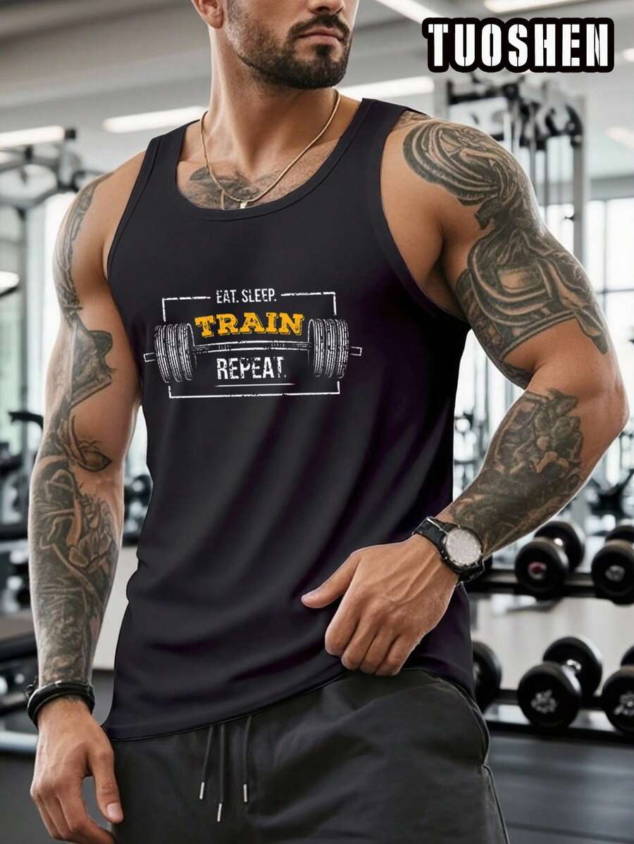 GYM THEME Print Tank Top, Round Neck Gym & Outdoor Sports Apparel, Summer Fitness Shirts, Training Gear, Sporty Design, Durable Construction, Performance Wear, Casual Athletes, Gym Shirts, Comfortable Fit Shirt, Workout Clothing, Street Style, Fitness Exercise Enthusiasts ﻿ - màu đen - Xem 1