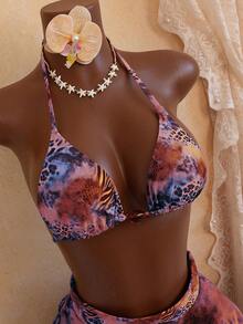 Women's 4-Piece Swimsuit Set, Leopard Print With Pearl Decor, Elegant Style, Suitable For Beach Vacation Summer - Purple - View 5