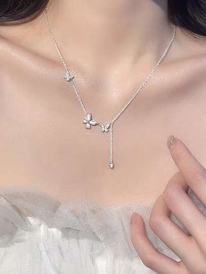 1pc S925 Sterling Silver Delicate Sweet Niche Luxury Versatile Butterfly Tassel Necklace, Everyday Wear Gift For Women