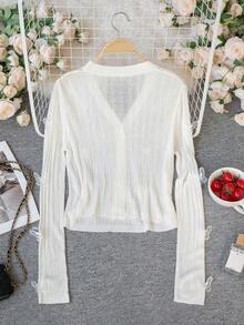 女士透视针织开衫，饰有3D蝴蝶图案 - 时尚优雅休闲甜美白色纽扣长袖上衣，适合春夏假期穿着 - 白色 - 查看 9