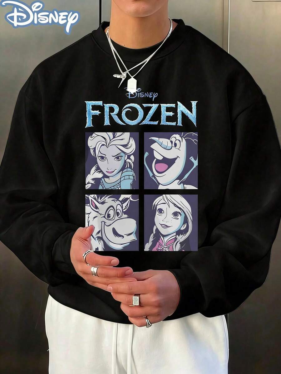 Disney Official Licensed Frozen 4-Panel Comic Style Print Classic Cartoon Gift 250g Cotton Crew Neck Unisex Crewneck Sweatshirt - 黑色 - 查看 1