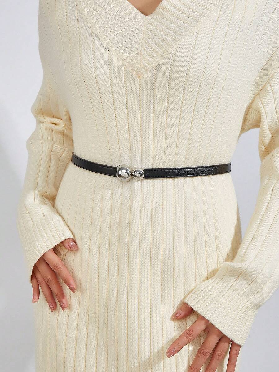 1pc Women's Adjustable Alloy Beaded Waist Belt, Suitable For Dresses And Coats - Black - View 1