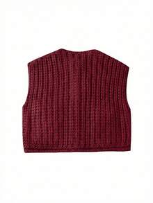 Women's Solid Color Knitted Pocket Decor Thick Knit Vest - Red Violet - View 10