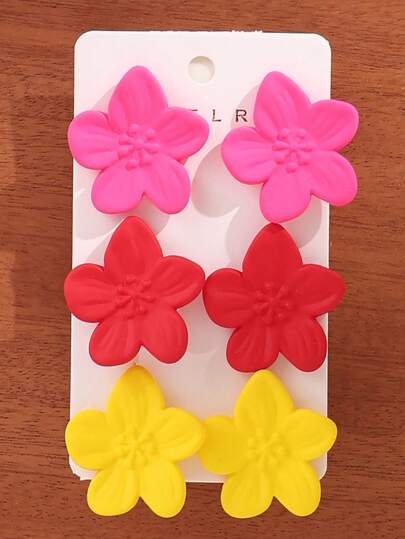 Set de 2/6 piezas de nuevos pendientes florales pentagonales versátiles en rosa, rojo y amarillo, adecuados para mujeres, un gran regalo para amigas y madres