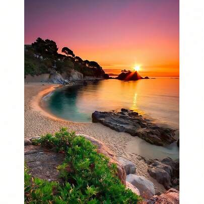5D Diamond Painting Kit - Beach Sunrise, Suitable For Adults, Includes Full Round Diamonds, Embroidery Art Craft For Home Wall Decor, 5D Dot Painting Set, Landscape Painting