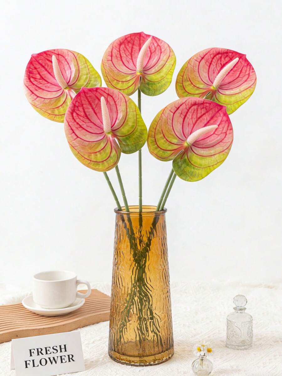 10/5件人造紅色棕櫚百合（粉綠色）火烈鳥花苞葉尾花仿真植物，適用於婚禮、辦公室、派對、酒店、居家桌面裝飾、房間裝飾、餐桌裝飾、家居裝飾、桌面裝飾、季節性裝飾