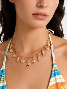 1件创意海洋主题夏季海滩度假海星贝壳吊坠项链，百搭日常佩戴，馈赠亲友佳品 - 金黃色 - 查看 10