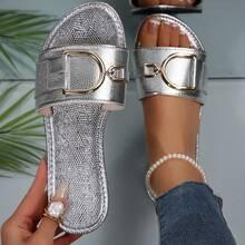 女士随机印花时尚PU皮革搭扣平底拖鞋凉鞋，夏季度假 - 銀色 - 查看 9