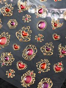 1件5D复洛克权杖美甲贴纸，奢华仿宝石金箔贴花，精致心形水钻贴纸，女士女孩DIY美甲用品 - 彩色 - 查看 7