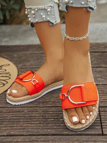Women's Metal Buckle Faux Rope Sole Comfortable Lightweight Flat Sandals, Vacation Style Summer Daily Wear Beach Play Orange Slippers Plus Size - Orange Vertical Stripes - View 3