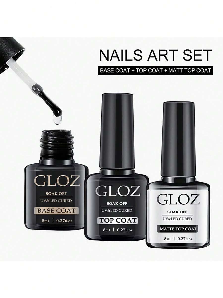 3件套凝胶底油、亮油、哑光面油套装，适用于凝胶指甲油，无需擦拭，哑光和亮光面油，持久高光和哑光效果，可在家DIY，需使用UV/LED灯