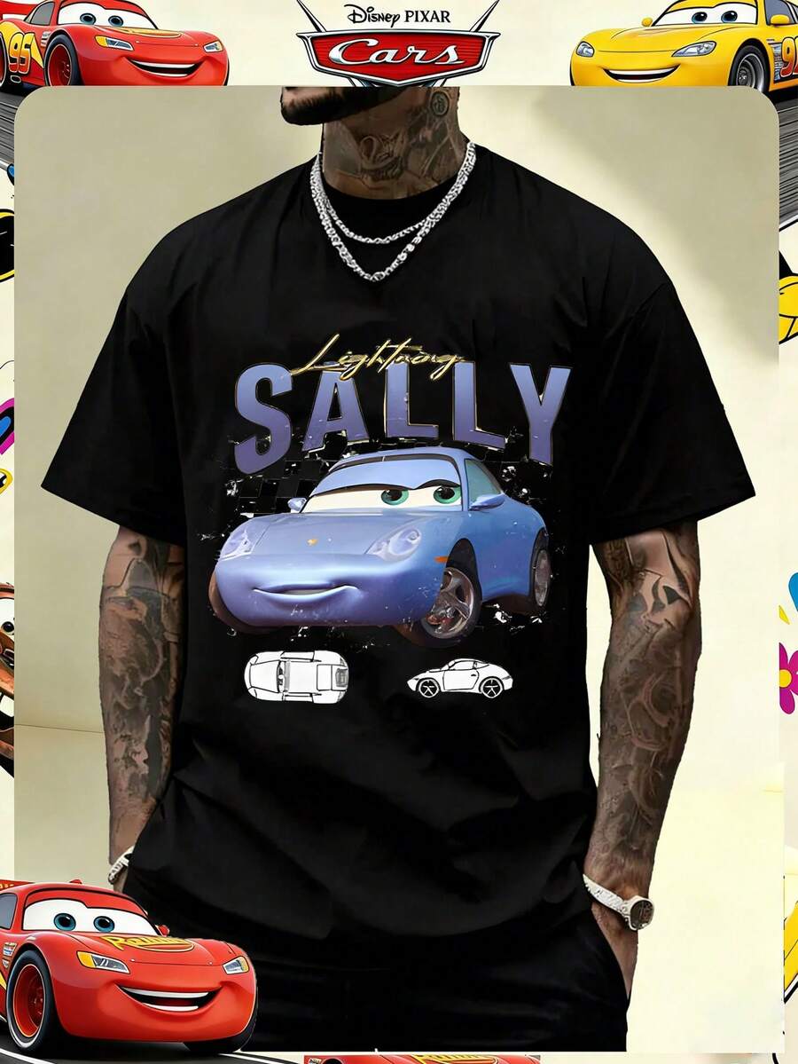 Disney Official Licensed Cars Sally Carrera Retro Silhouette Sports Car Print 220g Cotton Crew Neck Unisex Tee - màu đen - Xem 1