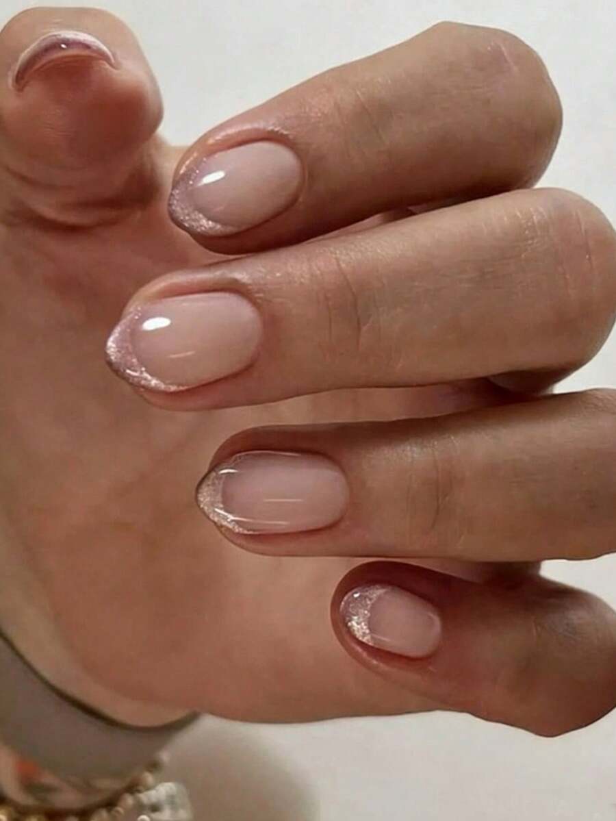 Y2K 30pcs Cat Eye Almond Shaped Nail Stickers, Super Glossy Acrylic Nail Stickers With Pink Gradient Glitter Pattern, Elegant Minimalist Style Artificial Nails, Removable Toe Nail Stickers Suitable For Holidays, Parties, Gatherings, Dates, Daily Wear - Pink - View 1