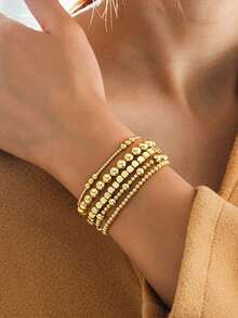 5pcs Fashionable Geometric Square Beaded Bracelet Set, Elegant Creative Elastic Bead Layered Bracelet Suit For Women - Yellow Gold - View 3