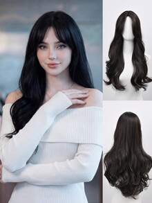 28 Inch Long Black Wavy Wig For Women - Curtain Bangs, Heat-Resistant Synthetic, Adjustable Fit - Black Brown - View 2
