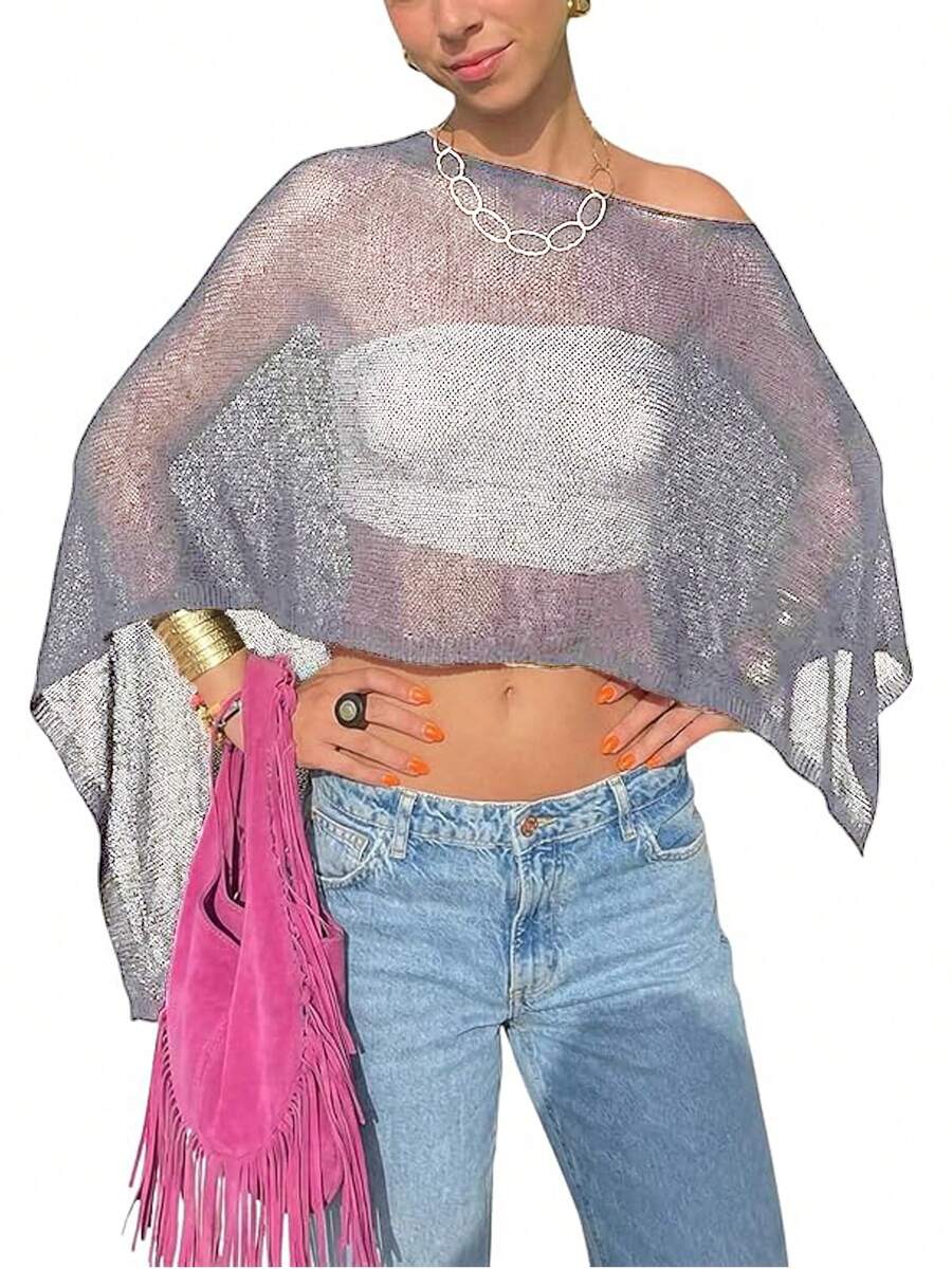 Women Sheer Mesh Poncho Top Crochet Knit Lightweight See Through Shawl Wrap Summer Oversized Loose Shrug Beachwear Swimsuit Bikini Cover Ups - 銀色 - 查看 1