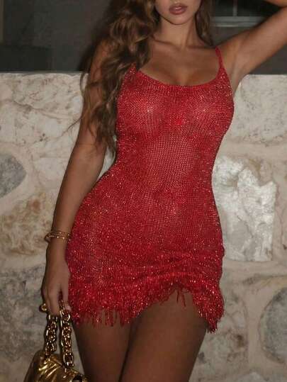 Sexy Red Spaghetti Strap Dress With Sparkling Fringe Trim, Paired With Tie-Front Fitted Mini Skirt. Ideal For Casual Vacation, Music Festivals, Beach Parties, Cocktail Events, Dances And Beach Getaways Summer