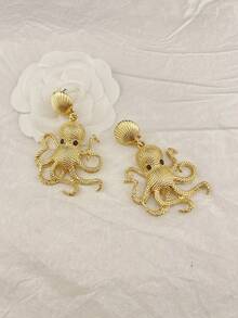 Women's Exaggerated Octopus & Shell Design Gold Bohemian Style Ocean Theme Party Earrings - Octopus - View 6