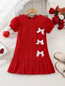 Đầm bé gái kiểu dáng thường ngày cổ tròn in hình bướm, tay bồng xếp ly, thích hợp cho mùa xuân và mùa hè. - Đỏ - Xem 1