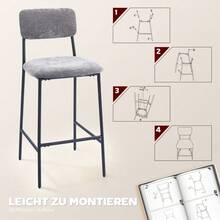 Set Of 2 High Upholstered Bar Stools, Perfect For A Kitchen Counter Or Home Bar. Backrest, Footrest, Fabric Upholstery, Grey Steel Frame. - Grey - View 2