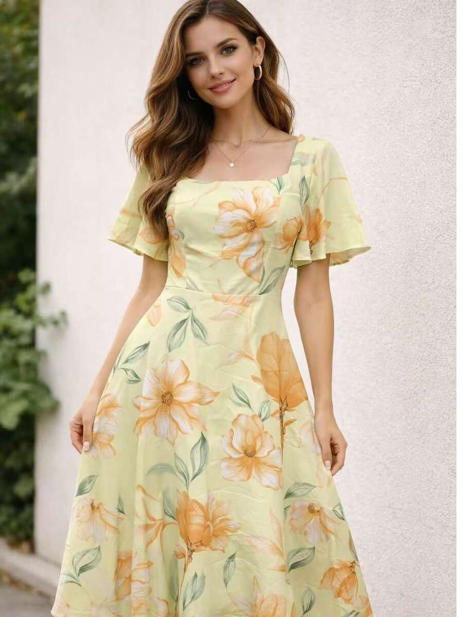 Women's Midi Dress With Short Sleeves, Princess Style, Elegant - Amarelo florido - 查看 1