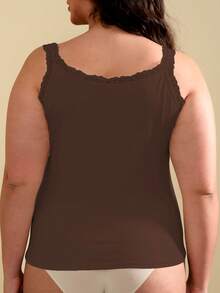 1pc Women Plus Size Solid Color Lace Trim Decor Round Neck Sleeveless Camisole Tank Top - Coffee Brown - View 2