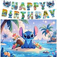 pokemon 史迪奇主题生日横幅套装，生日快乐印花背景布，生日派对庆祝道具，生日氛围装饰，适合家庭生日聚会，完美的生日礼物道具 - 拉旗背景布 - 查看 15