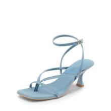 Women Kitten Heel Ankle Strap Thong Heeled Sandals, Fashion Open Toe Low Heel Summer Sandals For Casual Wearing And Wedding Party Formal Occasion - 藍色 - 查看 3