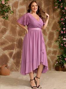 Plus Size Women's V-Neck Lace Chiffon High-Low Bridesmaid Dress, Elegant Wedding Guest Cocktail Party Dress With Shiny Ruffle Hem - Mauve Purple - View 6