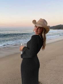 女士镂空V领搭扣高开衩优雅性感纯色长袖直筒针织长裙沙滩罩衫，宽松泳衣外套，钩针比基尼罩衫，春夏秋季 - 黑色 - 查看 6