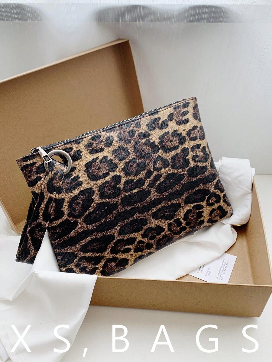 Women's New Leopard Print Envelope Clutch Bag, Street Fashion Casual Handbag - Brown - View 1