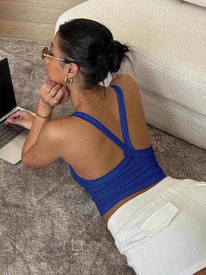 Women's Cream Yellow Patchwork Blue Trim Yoga Tank Top, Soft & Comfortable Fabric, Sleeveless, Breathable, Lightweight Activewear