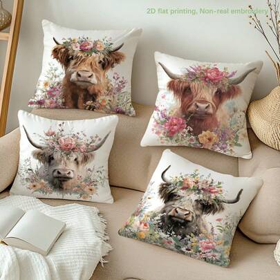 MEMNUN 4pcs Colorful Floral Highland Cow Printed Pillow Covers [No Pillow Insert], 17.7*17.7in(45*45cm)/19.69*19.69in(50*50cm)/15.75*15.75in(40*40cm), [Single-Sided Printing], Made Of Polyester, Decorative Throw Pillow Covers For Sofa, Bed, Living Room, Bedroom, Car, Office, Hotel, Suitable For All Seasons, Perfect Gift For Family And Friends