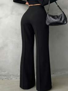 Plus Size Women's Solid Color Casual Elegant High Waist Straight Leg Pants, Suitable For Daily Wear, Office Commute, Vacation, Party, Black, Spring - Black - View 2