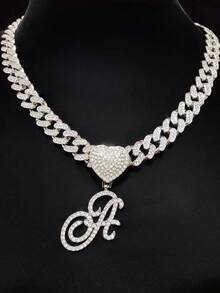 Rollcall Silver Women's Necklace - A-Z Letter Heart Pendant Necklace With 13mm Cubic Zirconia Cuban Chain, Personalized Cuban Chain Jewelry - Necklace a - View 5