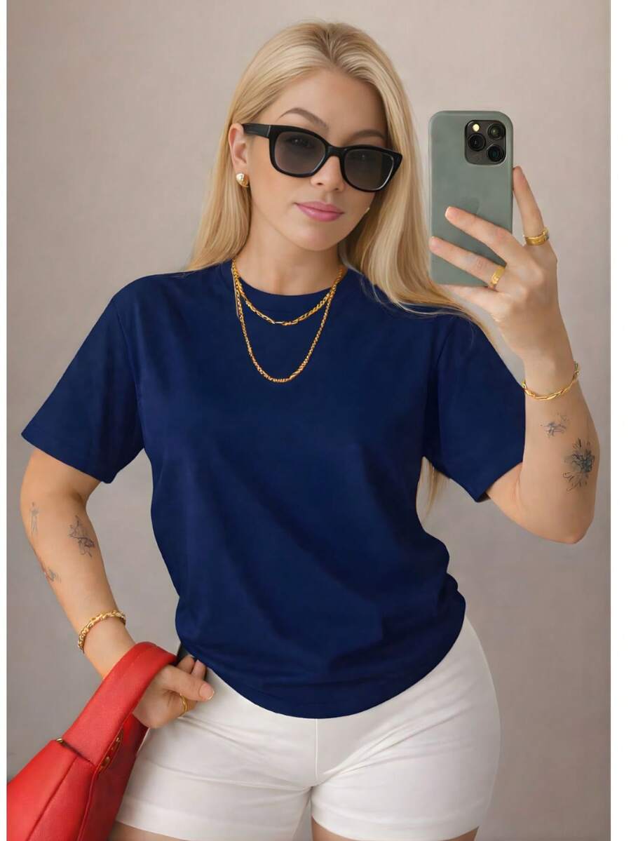 Women's T-Shirt, Short Sleeve, Premium Knit, Casual, Plain, Relaxed, 100% Cotton - 藏蓝色 - 查看 1