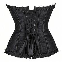's Burgundy Red Victorian-Inspired Bustier Top - Backless Button-Front Closure Corset Shirt With Black Lace Bow & Waist Defining Fit, No Padding Bodysuit - 黑色 - 查看 6