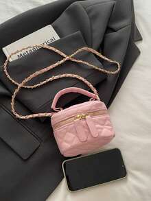 菱形链条斜挎包，时尚百搭手提包，双拉链单肩包 - 粉色 - 查看 6