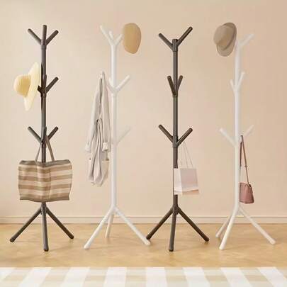 1pc White 9-Hook Floor Standing Coat Rack, Nordic Minimalist Single Rod Bedroom Clothes Hanger - No Installation Required, Sturdy Household Clothing/Hat/Bag/Towel Hooks, Free-Standing Coat Rack, Sized For Daily Balanced Garment Hanging