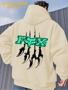 The Men's Style Is Suitable For Black Casual Fashion In Spring And Autumn Or Winter, Integrating Hardcore Extreme Sports Culture With American Street Style Hooded Plush Warm Hooded Sweatshirt. The Bold And Wild "FOX" Words On A Red Background And White Border Are The Core Visual, Matched With White Claw Print, And The Arms Are Also Printed With Corresponding FOX Patterns. The Multi-Functional Sports And Casual Loose Fit Is Suitable For Daily Travel And Street Wear, Made Of Soft Fabric - Apricot - View 2
