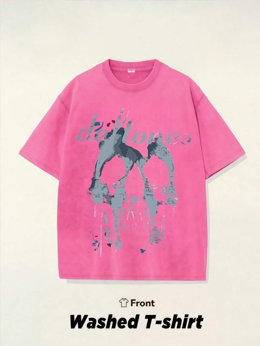 Vintage Washed Rock Tee Band Skull Print, Alternative Metal Fans Short - Sleeve,Cheap Clothes,Shirts Graphic,T Shirt .Jpg - Pink - View 1