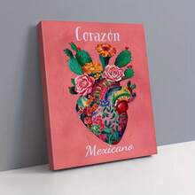 1 pieza de arte mural en lienzo con diseño floral rosa mexicano de "Corazón Mexicano" vibrante, con caléndulas, rosas y cactus, sin marco, lista para colgar en la sala de estar, dormitorio u oficina en casa - Decoración de arte folclórico mexicano. - negro - Ver 6