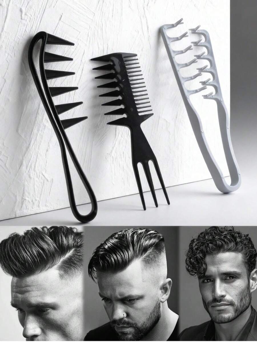 Hair Styling Texturizing Comb Set, Large Teeth Comb For Men's Pompadour, Slicked Back Hairstyle, Volumizing Root Lift, Travel Friendly - Multicolor - View 1