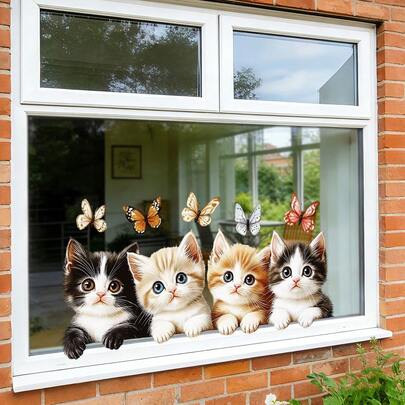 1/3 pièces Autocollants statiques amovibles et imperméables en PVC, motifs mignons de chats et de papillons, convient pour la décoration de la maison, du bureau, du salon, pour les amateurs d'animaux de compagnie